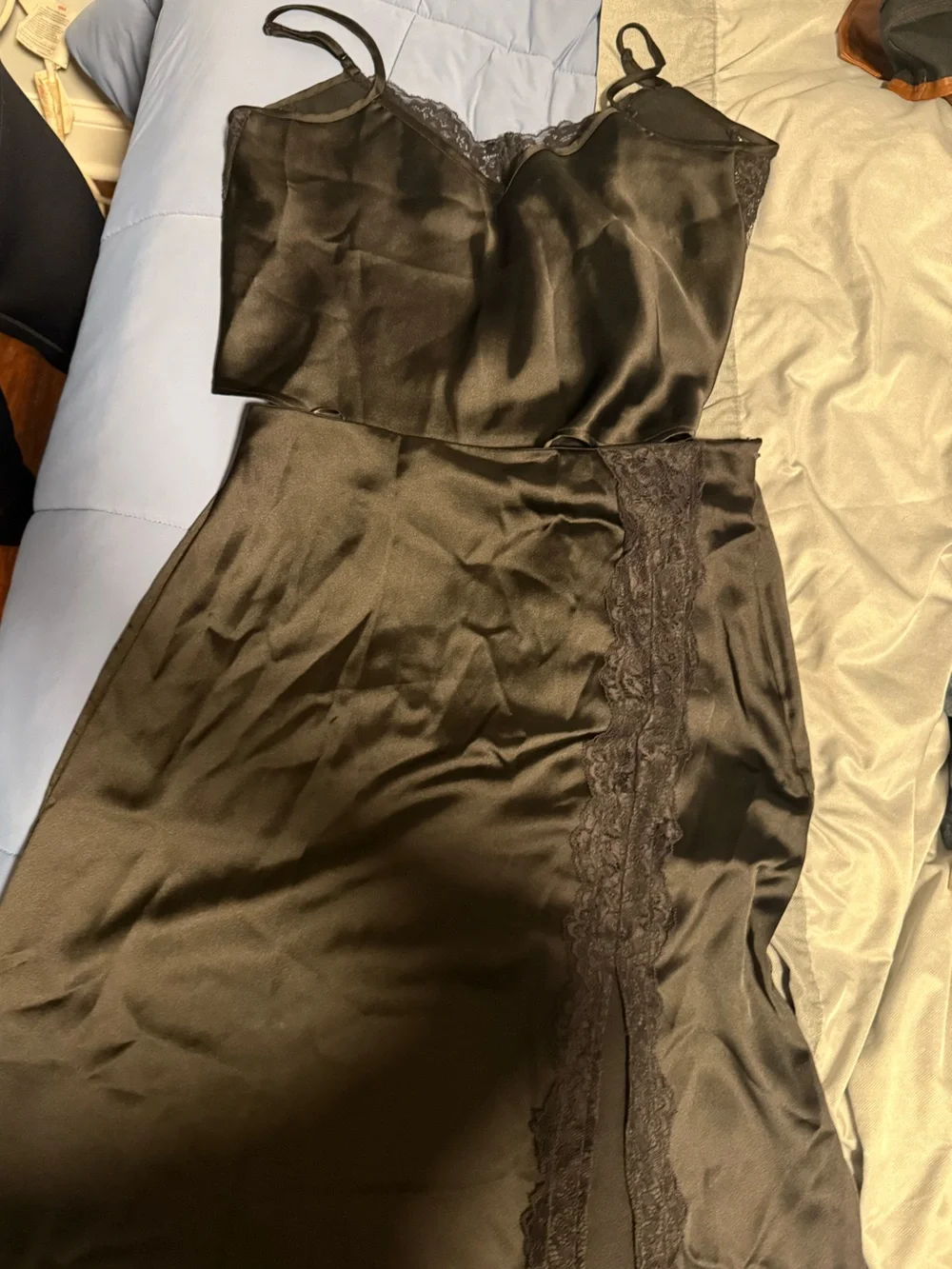 House of Harlow 1960 Black Satin Chemise & Slip Set